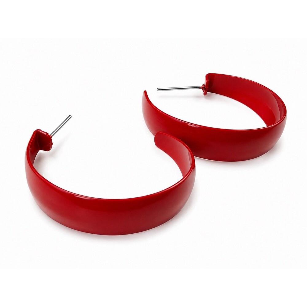 Vintage Cherry Red Enamel Hoop Earrings Wide Crescent Hoop Post Back Retro 1980s